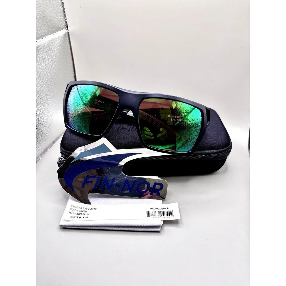 Authentic Fin-Nor Browns Bay Sunglasses Matte Black Green Mirror‎ Polarized NWT